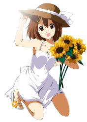 Rule 34 | 1girl, :o, bare shoulders, blush, brown eyes, brown hair, dress, flower, hair ornament, hairclip, hand on headwear, hat, high heels, hirasawa yui, jewelry, k-on!, kneeling, looking at viewer, necklace, official style, open mouth, open shoes, toeless footwear, ragho no erika, round teeth, sandals, shoes, short hair, smile, solo, sun hat, sundress, sunflower, teeth