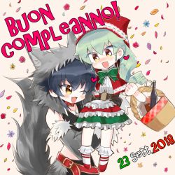 Rule 34 | 2girls, :d, ;d, aimai (luckyfive), anchovy (girls und panzer), animal collar, animal hands, animal hood, bad id, bad pixiv id, beige background, big bad wolf, big bad wolf (grimm) (cosplay), black shirt, blush, bobby socks, bottle, bow, bowtie, capelet, carrying, chibi, collar, commentary, cosplay, dated, dog tags, dress, elbow gloves, fang, girls und panzer, gloves, green neckwear, grey gloves, happy birthday, hat, heart, holding, hood, italian text, layered dress, little red riding hood, little red riding hood (grimm), little red riding hood (grimm) (cosplay), long hair, looking at another, medium dress, multicolored clothes, multicolored dress, multiple girls, one eye closed, open mouth, paw gloves, pepperoni (girls und panzer), picnic basket, princess carry, red capelet, red collar, red footwear, red hat, shirt, short hair, sleeveless, sleeveless shirt, smile, socks, standing, tail, translated, v-shaped eyebrows, white legwear, wolf hood, wolf tail