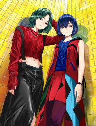 Rule 34 | 2girls, arm at side, arm behind head, arms at sides, asymmetrical clothes, bare shoulders, black eyes, black skirt, blue shirt, bob cut, closed mouth, commentary, corner, english commentary, feet out of frame, fingerless gloves, from below, gloves, green hair, green nails, hair between eyes, hand up, highres, hood, hooded vest, hoodie, isshiki (ffmania7), jewelry, kamitsubaki studio, leather skirt, looking at viewer, midriff, miniskirt, mixed-language commentary, mole, mole above mouth, mole under mouth, multicolored hair, multiple girls, nail polish, navel, necklace, pantyhose, pleated skirt, purple pantyhose, red hair, red pupils, red skirt, red sweater, red vest, reflection, rim (kamitsubaki studio), shirt, short hair, side-by-side, skirt, sleeveless, sleeves past wrists, standing, streaked hair, suspender skirt, suspenders, sweater, te&#039;resa, tile wall, tiles, vest, virtual youtuber, wavy hair