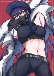 Rule 34 | 1girl, arm up, armpits, bare shoulders, baseball cap, belt, black belt, black gloves, black hat, black pants, black shirt, blue archive, blue eyes, blue hair, breasts, coat, commentary, cowboy shot, crop top, gloves, hat, highres, large breasts, leggings, long hair, long sleeves, looking at viewer, mask, midriff, mouth mask, navel, open clothes, open coat, pants, red background, saori (blue archive), shirt, solo, standing, stomach, tettsui kusuru, thighs, v-shaped eyebrows, very long hair, white coat