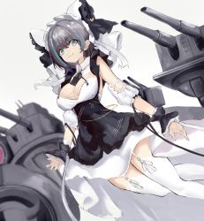 Rule 34 | 1girl, :3, absurdres, animal ears, apron, aqua eyes, azur lane, breasts, cat ears, cheshire (azur lane), detached sleeves, dress, fake animal ears, frilled apron, frilled dress, frills, highres, kesseil, large breasts, long dress, long hair, looking at viewer, maid, maid headdress, multicolored hair, ribbon, rigging, smile, solo, thighhighs, turret, two-tone hair, white dress, white ribbon, white thighhighs
