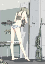 Rule 34 | 1girl, absurdres, ass, barefoot, blonde hair, camouflage, chinese commentary, commentary request, etmc1992, facing away, full body, gun, h&amp;k mp7, highres, load bearing vest, locker, machine pistol, original, panties, personal defense weapon, rifle, sniper rifle, solo, striped clothes, striped panties, submachine gun, twintails, underwear, underwear only, weapon, wedgie