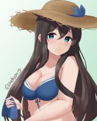 Rule 34 | 1girl, alternate hairstyle, bikini, black hair, blue bikini, blue eyes, breasts, brown hat, cleavage, commentary, english commentary, hair down, hat, highres, kantai collection, long hair, medium breasts, official alternate costume, one-hour drawing challenge, shidas0459, shigure (kancolle), shigure kai san (kancolle), solo, straw hat, sun hat, swimsuit, twitter username