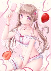 Rule 34 | 1girl, :o, animal ear fluff, animal ears, arm up, bare shoulders, bikini, blush, bow, breasts, brown hair, cat ears, cat girl, cat tail, collarbone, commentary request, diagonal stripes, food, frilled bikini, frills, highres, holding, holding food, ice cream, kohinata hoshimi, looking at viewer, medium breasts, navel, original, parted lips, pink bow, plaid, plaid bikini, red eyes, solo, striped, striped background, swimsuit, tail, tail bow, tail ornament, twintails