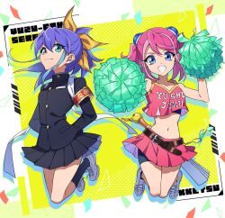 Rule 34 | 2girls, :d, arms behind back, bare shoulders, belt, black jacket, black skirt, blue eyes, bow, character name, cheerleader, full body, green eyes, hair between eyes, hair bow, hiiragi yuzu, jacket, jumping, looking at viewer, midriff, multicolored hair, multiple girls, navel, open mouth, pink hair, pira 811, pom pom (cheerleading), ponytail, serena (yu-gi-oh!), shorts, shorts under skirt, skirt, smile, twintails, two-tone hair, yellow bow, yu-gi-oh!, yu-gi-oh! arc-v