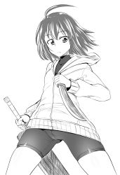 Rule 34 | 1girl, ahoge, bad id, bad twitter id, bike shorts, closed mouth, commentary request, cowboy shot, dagger, dual wielding, greyscale, highres, holding, holding sword, holding weapon, hood, hood down, hoodie, knife, legs apart, linne, looking at viewer, monochrome, poncocchan, reverse grip, short hair, simple background, skindentation, solo, standing, sword, turtleneck, under night in-birth, weapon, white background