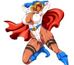 Rule 34 | 00s, 1girl, abs, blonde hair, breasts, cape, cosplay, dark-skinned female, dark skin, dc comics, female focus, gloves, highres, kyozow, large breasts, lilith-soft, long hair, muscular, power girl, power girl (cosplay), power lady, simple background, solo, sweat, taimanin (series), taimanin asagi, white background
