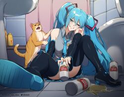 Rule 34 | 1girl, absurdres, alcohol, allen skies, aqua hair, aqua nails, artist name, bathroom, beer, beer can, boots, can, cat, commentary, detached sleeves, drink can, english commentary, fingernails, hatsune miku, highres, holding, holding can, long hair, necktie, number tattoo, on floor, patreon username, shampoo bottle, shower curtain, sink, sitting, spill, spilling, stella artois, tattoo, teeth, thigh boots, toilet, twintails, twitter username, very long hair, vocaloid