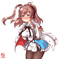 Rule 34 | 1girl, azur lane, black ribbon, blush, brown hair, cosplay, dated, grey eyes, hair ribbon, highres, historical name connection, jacket, jacket on shoulders, kanon (kurogane knights), kantai collection, logo, long hair, looking at viewer, military, military uniform, name connection, naval uniform, pantyhose, ponytail, ribbon, saratoga (azur lane), saratoga (azur lane) (cosplay), saratoga (kancolle), side ponytail, sidelocks, simple background, smile, solo, uniform, white background