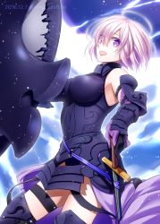 Rule 34 | 1girl, :d, ahoge, armor, armored boots, boots, breasts, breasts apart, elbow gloves, fate/grand order, fate (series), gloves, hair between eyes, holding, holding shield, holding sword, holding weapon, large breasts, mash kyrielight, nina (pastime), open mouth, pink hair, purple eyes, shield, short hair, smile, solo, standing, sword, thigh boots, thigh strap, thighhighs, weapon