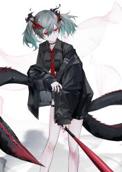 Rule 34 | 1girl, absurdres, august., baseball bat, black choker, black jacket, black shirt, choker, closed mouth, collared shirt, dragon girl, dragon horns, dragon tail, feet out of frame, grey hair, hair between eyes, highres, holding, holding baseball bat, horns, jacket, jewelry, long sleeves, multicolored hair, nail polish, necktie, off shoulder, open clothes, open jacket, original, pointy ears, red eyes, red nails, red necktie, ring, shirt, simple background, solo, standing, tail, thigh strap, twintails, white background