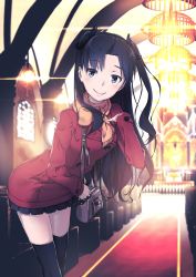 Rule 34 | 1girl, bad id, bad pixiv id, bag, black hair, black thighhighs, blue eyes, church, coat, fate/stay night, fate (series), handbag, highres, leaning forward, lens flare, looking at viewer, rolua, scarf, skirt, smile, solo, thighhighs, tohsaka rin, twintails, two side up