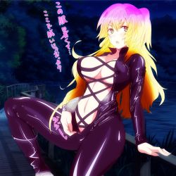 Rule 34 | 1girl, :o, absurdres, areola slip, arm support, biker clothes, bikesuit, blonde hair, blush, bodysuit, breasts, center opening, cleavage, covered erect nipples, cross-laced clothes, derivative work, female focus, from side, gradient hair, groin, highres, hijiri byakuren, large breasts, long hair, looking at viewer, looking to the side, multicolored eyes, multicolored hair, navel, night, night sky, open mouth, outdoors, purple eyes, purple hair, railing, shiny clothes, sitting, sky, solo, sweatdrop, text focus, tk31, touhou, translation request, tree, turbo byakuren, unzipped, very long hair, water, yellow eyes, zipper