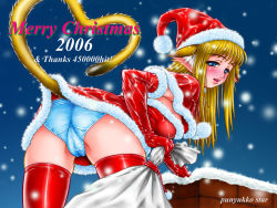 Rule 34 | 1girl, 2006, animal ear fluff, animal ears, ass, blonde hair, blue eyes, blue panties, blush, breasts, cameltoe, capelet, cat ears, cat tail, chimney, christmas, cleft of venus, cowboy shot, dress, elbow gloves, eyes visible through hair, from behind, fur-trimmed capelet, fur-trimmed dress, fur-trimmed gloves, fur trim, gift bag, gloves, hat, heart, heart tail, himadarou, leaning forward, long hair, looking at viewer, looking back, medium breasts, merry christmas, milestone celebration, outdoors, panties, pantyshot, red capelet, red dress, red gloves, red thighhighs, running bond, santa costume, santa hat, short dress, snow, snowing, solo, standing, strapless, strapless dress, tail, thank you, thighhighs, trefoil, underwear, wallpaper
