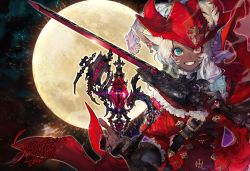 Rule 34 | 1girl, animal ears, cat ears, dark skin, earrings, facial mark, final fantasy, final fantasy xiv, frills, full moon, gloves, hat, heterochromia, highres, holding, holding sword, holding weapon, jewelry, long hair, looking at viewer, miqo&#039;te, moon, pigeon666, red mage (final fantasy), ring, slit pupils, smile, sword, teeth, upper body, warrior of light (ff14), weapon, whisker markings, white hair