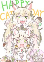 Rule 34 | 2girls, animal ears, bow, bowtie, cat ears, cat girl, cat tail, elbow gloves, extra ears, fingerless gloves, geoffroy&#039;s cat (kemono friends), gloves, green eyes, grey hair, highres, jungle cat (kemono friends), kemono friends, kemono friends v project, long hair, microphone, multiple girls, open mouth, ribbon, saival cat, shirt, simple background, skirt, suspenders, tail, virtual youtuber, white background