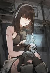 Rule 34 | 1girl, armor, armored boots, asymmetrical gloves, bare shoulders, black gloves, black hair, black thighhighs, blood, blood on face, boots, breasts, brown eyes, brown hair, burnt clothes, closed mouth, cuts, dirty, dirty clothes, duoyuanjun, girls&#039; frontline, gloves, green hair, hair over eyes, headphones, highres, holding, hologram, indoors, injury, long hair, looking at viewer, m4a1 (girls&#039; frontline), medium breasts, mismatched gloves, multicolored hair, sitting, sleeveless, solo, streaked hair, thighhighs, torn clothes, torn thighhighs, turtleneck, white gloves