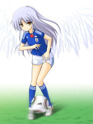 Rule 34 | 10s, 1girl, 2010 fifa world cup, adidas, angel beats!, ball, blue hair, female focus, full body, gradient background, jabulani, japan, long hair, masakichi (crossroad), nature, outdoors, product placement, soccer ball, soccer uniform, solo, sportswear, tenshi (angel beats!), wings, world cup, yellow eyes