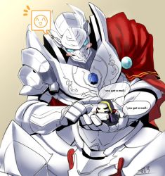 Rule 34 | 2boys, ainz ooal gown, armor, blush, cape, chibi, english text, hood, masiro (artist), multiple boys, overlord (maruyama), robe, simple background, skeleton, touch me