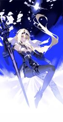 Rule 34 | 1girl, absurdres, belt, bianca: stigmata (punishing: gray raven), bianca (punishing: gray raven), blonde hair, fading, floating, headband, high heels, highres, holding, holding sword, holding weapon, light, long hair, looking at viewer, mechanical parts, ponytail, punishing: gray raven, purple eyes, sword, weapon, xe367