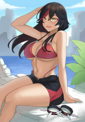 Rule 34 | 1girl, :d, alternate hairstyle, aori sora, arm up, bare arms, bare shoulders, bikini, black hair, black shorts, blue sky, cloud, commentary, day, english commentary, feet out of frame, genshin impact, hair between eyes, hair down, long hair, looking at viewer, multicolored hair, navel, open fly, open mouth, outdoors, red bikini, red hair, short shorts, shorts, sitting, sky, smile, solo, stomach, streaked hair, swimsuit, thighs, water, xinyan (genshin impact), yellow eyes