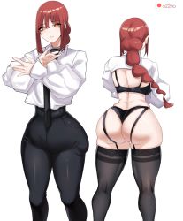 Rule 34 | 1girl, ass, bra, braid, breasts, chainsaw man, formal, from behind, garter belt, highres, huge ass, large breasts, long hair, looking at viewer, makima (chainsaw man), o22no, orange eyes, pants, red hair, shiny clothes, shiny skin, sideboob, single braid, solo, thick thighs, thighhighs, thighs, thong, tight clothes, tight pants, underwear
