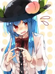 Rule 34 | 1girl, blouse, blue hair, blush, bow, buttons, fidgeting, food, frills, fruit, hat, highres, hinanawi tenshi, index fingers together, leaf, long hair, long sleeves, looking at viewer, nikorashi-ka, one-hour drawing challenge, open mouth, peach, polka dot, polka dot background, puffy long sleeves, puffy sleeves, red bow, red eyes, shirt, solo, tears, touhou