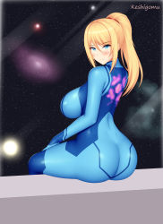 Rule 34 | 1girl, ass, bad id, bad pixiv id, blonde hair, blue bodysuit, blue eyes, bodysuit, breasts, galaxy, highres, impossible bodysuit, impossible clothes, keshigomu, large breasts, long hair, looking back, metroid, nintendo, planet, ponytail, samus aran, science fiction, sitting, skin tight, solo, space, star (sky), window, zero suit