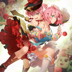 Rule 34 | 2girls, bare shoulders, cellphone, fangs, frilled skirt, frills, green eyes, hand on another&#039;s head, hand on another&#039;s shoulder, hat, jewelry, jiangshi, kneehighs, lace, lace-trimmed legwear, lace trim, lamier, looking at viewer, mask, multiple girls, necklace, original, pearl necklace, phone, pink hair, qingdai guanmao, red skirt, short hair, skirt, smartphone, smirk, socks, upskirt, vampire, white skirt