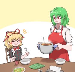 Rule 34 | apron, black dress, bow, bowl, bowtie, breasts, closed eyes, commission, dining room, dress, food, fork, green hair, highres, kazami yuuka, large breasts, mata (matasoup), medicine melancholy, pixiv commission, pot, red eyes, spoon, stew, tissue box, touhou