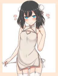 Rule 34 | 1girl, @ @, bare shoulders, black hair, blue eyes, blush, border, breasts, bun cover, china dress, chinese clothes, cleavage, closed mouth, commentary request, copyright request, cowboy shot, dress, embarrassed, garter straps, gluteal fold, grey dress, hair between eyes, hand up, highres, looking at viewer, nonono (mino), outside border, panties, pink border, ringed eyes, short dress, short hair, side-tie panties, small breasts, solo, standing, sweatdrop, thighhighs, underwear, white panties, white thighhighs