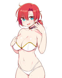 Rule 34 | 1girl, aqua eyes, bare shoulders, boudica (fate), breasts, chan co, choker, cleavage, cowboy shot, earrings, fanning self, fate/grand order, fate (series), jewelry, large breasts, navel, o-ring, o-ring top, red hair, revealing clothes, short hair, short ponytail, simple background, smile, solo, sweat, white background