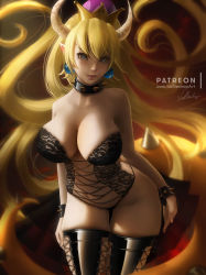 Rule 34 | 1girl, bare shoulders, black leotard, blonde hair, blue eyes, boots, bowsette, bracelet, breasts, cleavage, clothing cutout, collar, commentary request, cross-laced footwear, crown, curvy, earrings, hair between eyes, horns, jewelry, lace-up boots, large breasts, leotard, lolliedrop, long hair, mario (series), navel, navel cutout, new super mario bros. u deluxe, nintendo, pinup (style), pointy ears, ponytail, sharp teeth, skindentation, solo, spiked bracelet, spiked collar, spiked tail, spikes, strapless, strapless leotard, super crown, tail, teeth, thighhighs, thighs, transformation, very long hair, wide hips