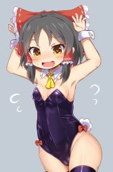Rule 34 | 1girl, armpits, arms up, bare arms, black hair, bow, breasts, cameltoe, cleavage, commentary request, cookie (touhou), cowboy shot, detached collar, flying sweatdrops, grey background, hair bow, hair tubes, hakurei reimu, heart, heart-shaped pupils, leotard, looking at viewer, playboy bunny, purple leotard, purple thighhighs, rabbit pose, rabbit tail, red bow, renoa yu, sananana (cookie), sidelocks, simple background, small breasts, solo, symbol-shaped pupils, tail, tears, thighhighs, touhou, wrist cuffs, yellow eyes