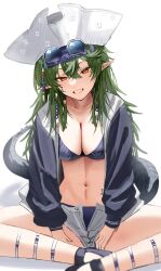 Rule 34 | 1girl, arknights, bikini, black bikini, black jacket, breasts, cleavage, collarbone, crocodilian tail, gavial (arknights), gavial the invincible (arknights), gavial the invincible (holiday) (arknights), goggles, goggles on head, green hair, grey shorts, highres, horn/wood, indian style, jacket, large breasts, long hair, long sleeves, looking at viewer, navel, official alternate costume, open clothes, open fly, open jacket, pointy ears, shorts, simple background, sitting, smile, solo, stomach, swimsuit, tail, white background, yellow eyes