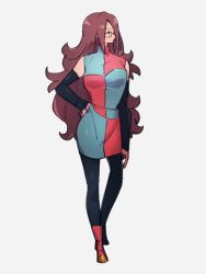 Rule 34 | 1girl, android 21, breasts, checkered clothes, checkered dress, commentary request, dragon ball, dragon ball fighterz, dress, earrings, full body, glasses, hand on own hip, hoop earrings, jewelry, kemachiku, long hair, looking to the side, medium breasts, pantyhose, red hair, solo