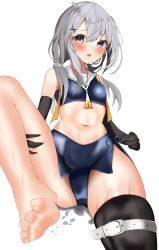 Rule 34 | 1girl, absurdres, aruka0807, barefoot, black gloves, blush, crop top, elbow gloves, gloves, grey eyes, grey hair, hair between eyes, hair ornament, highres, i-201 (kancolle), kantai collection, long hair, navel, open mouth, sailor collar, simple background, soles, solo, white background, white sailor collar, x hair ornament