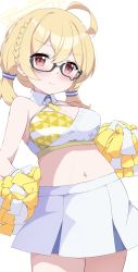 Rule 34 | 1girl, absurdres, ahoge, bare shoulders, black-framed eyewear, blonde hair, blue archive, blush, braid, breasts, cheerleader, cleavage, closed mouth, commentary request, fuuna, glasses, hair between eyes, halo, highres, kotori (blue archive), kotori (cheer squad) (blue archive), long hair, looking at viewer, low twintails, medium breasts, millennium cheerleader outfit (blue archive), navel, pleated skirt, pom pom (cheerleading), red eyes, simple background, skirt, smile, solo, twintails, v-shaped eyebrows, white background, white skirt