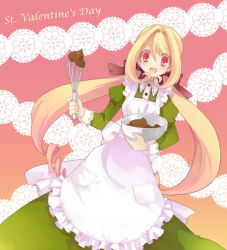 Rule 34 | 1girl, apron, bad id, bad pixiv id, blonde hair, chocolate, drill hair, koto (colorcube), long hair, melona (koto), open mouth, original, red eyes, smile, solo, twin drills, twintails, valentine, whisk