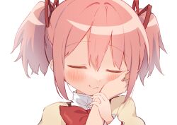 Rule 34 | 1girl, blush, bow, bowtie, closed eyes, closed mouth, cocoa (ultra mdk), commentary, hair ribbon, hand on another&#039;s cheek, hand on another&#039;s face, hand up, high collar, highres, juliet sleeves, kaname madoka, long sleeves, mahou shoujo madoka magica, mahou shoujo madoka magica (anime), mitakihara school uniform, pink hair, portrait, puffy sleeves, red bow, red bowtie, red ribbon, ribbon, school uniform, short hair, short twintails, simple background, smile, solo focus, twintails, white background