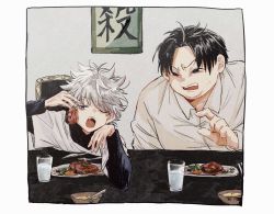 Rule 34 | 2boys, ;o, black hair, black shirt, border, bow, brothers, chair, chopsticks, collared shirt, cup, dress, drinking glass, eating, elbow on table, fat, fat man, food, fork, furrowed brow, grey hair, hand up, hands up, highres, holding, holding food, hunter x hunter, killua zoldyck, knife, layered sleeves, long sleeves, male focus, meat, messy hair, milk, milluki zoldyck, multiple boys, necomu, one eye closed, open mouth, plate, pointing, scolding, shirt, short hair, short over long sleeves, short sleeves, siblings, spoon, sweat, turtleneck, uneven eyes, upper body, white shirt
