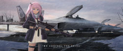 Rule 34 | 1girl, aircraft, airplane, black gloves, blue eyes, closed mouth, copyright name, day, english text, fingerless gloves, girls&#039; frontline, gloves, gun, highres, holding, holding gun, holding weapon, long hair, looking at viewer, outdoors, persocon93, pink hair, scenery, side ponytail, snow, snowing, solo, st ar-15 (girls&#039; frontline), standing, tree, vehicle focus, weapon