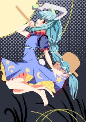 Rule 34 | 1girl, animal ears, bare legs, barefoot, blue dress, blue hair, braid, commentary request, crescent, crescent pin, dress, happy, highres, kine, long hair, mallet, moon rabbit, open mouth, puffy short sleeves, puffy sleeves, rabbit ears, rabbit tail, red eyes, seiran (touhou), short sleeves, star (symbol), star print, tail, teruteru12, toes, touhou