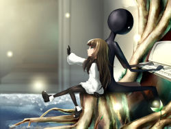Rule 34 | 1girl, ankle boots, back-to-back, bakadash, boots, deemo, deemo (character), dress, girl (deemo), gloves, instrument, long hair, looking up, outstretched arm, pantyhose, piano, profile, sitting, stairs, tree, tree stump, water