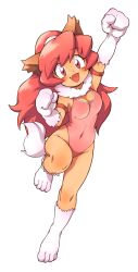 Rule 34 | 1girl, :d, animal ears, arm up, cat ears, cat tail, clothing cutout, covered navel, fang, full body, heart cutout, highres, leg up, leotard, open mouth, oyatsu (mk2), perisie (star ocean), pink leotard, ponytail, red eyes, red hair, smile, solo, star ocean, star ocean first departure, tail, white background, white fur