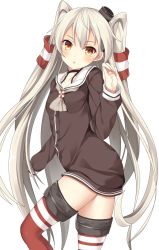 Rule 34 | 10s, 1girl, :o, amatsukaze (kancolle), bad id, bad pixiv id, derivative work, artistic error, flippy mgdowell, flippy mgdowell (pixiv 6112180), hair tubes, highres, kantai collection, long hair, looking at viewer, reversed, ro-ichi, silver hair, simple background, solo, two side up, white background, yellow eyes