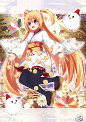 Rule 34 | 1girl, 2017, :d, ahoge, artist name, bad id, bad pixiv id, bird, black thighhighs, blonde hair, blush, chick, chicken, chinese zodiac, clog sandals, hair between eyes, japanese clothes, kimono, kimono skirt, long hair, long sleeves, miyakura shiiha, obi, okobo, open mouth, original, outstretched arms, platform clogs, purple eyes, sandals, sash, signature, smile, solo, thighhighs, two side up, very long hair, white kimono, wide sleeves, year of the rooster