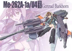 Rule 34 | 1girl, alternate weapon, animal ears, black ribbon, brown eyes, brown hair, character name, commentary, dog ears, english text, flying, full body, gertrud barkhorn, green jacket, grey jacket, highres, huge weapon, jacket, long hair, lowleg, lowleg panties, me 262, mecha musume, military, military uniform, nenchi, no pants, open mouth, panties, ribbon, solo, strike witches, underwear, uniform, weapon, white background, white panties, world witches series, zoom layer