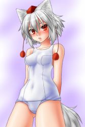 Rule 34 | 1girl, animal ears, bare shoulders, blush, breasts, female focus, five-seven (0verlimits), gradient background, hat, highres, inubashiri momiji, one-piece swimsuit, red eyes, school swimsuit, short hair, silver hair, solo, swimsuit, tail, tokin hat, touhou, white one-piece swimsuit, white school swimsuit, wolf ears, wolf tail