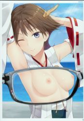 Rule 34 | 1girl, ;), absurdres, armpits, arms up, blue eyes, blue sky, breasts, brown hair, character name, collarbone, day, detached sleeves, hand in own hair, hiei (kancolle), hiei kai ni (kancolle), highres, japanese clothes, kanden sky, kantai collection, kimono, medium breasts, nipples, non-web source, nontraditional miko, ocean, one eye closed, outdoors, revealing layer, ribbon-trimmed sleeves, ribbon trim, scan, short hair, sky, sleeveless, sleeveless kimono, smile, solo, sunlight, upper body, white kimono, x-ray, x-ray glasses, x-ray vision